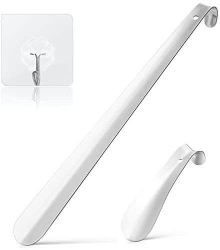 flintronic Schuhlöffel Metall Lang, 2 Stück Schuhanzieher - 42&16cm, Edelstahl Schuhanzieher, Stabil aus Stahl Öse zum Aufhängen mit Transparenter Haken