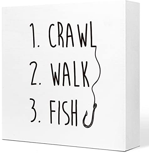 Crawl Walk Fish Rustikales Holzschild Schreibtischdekoration, lustiges Baby-Angelholzschild, Schreibtisch-Dekorationen für Zuhause, Schlafzimmer, Babyzimmer, Schreibtischregal, Tischdekoration