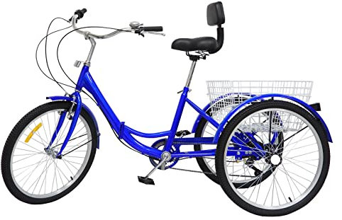 biniliubi Dreirad für Erwachsene, 24 Zoll, 7 Geschwindigkeiten, faltbar, Dreirad für Erwachsene, Senioren, 3 Räder mit Korb und Rückenlehne für Einkaufen, für Damen und Herren, Blau