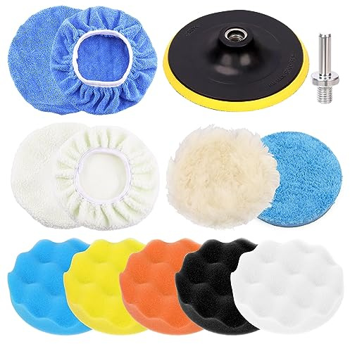Swpeet 13Pcs 5 Zoll Polierpads Set, Schaum Polierpads Wachs Puffer Polierer Befestigung für Bohrer für Haushalts-elektrische Bohrmaschine und Auto Polierer mit 8mm M10 Bohradapter