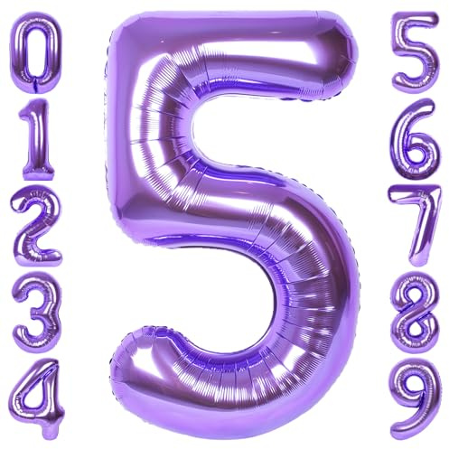 RainbowQ Purple 5 Balloon Number 40 Inch 0-40 Foil Large Balloons