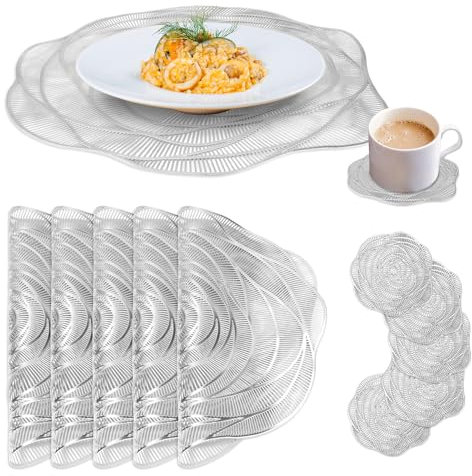QZDAFFIC Tovagliette e Sottobicchieri Lavabili Set di 6, Stuoie Moderne per Tavolo, Tovagliette Americana da 38×38 cm per Pranzo Interno, Sottopiatti da Esterno per Tavoli da Giardino (Argento)