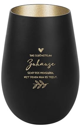 Der-Porzellan-Laden Windlicht mit Gravur Das schönste an Zuhause, Schwarz Gold, Teelichthalter aus Glas mit Spruch, Tischdeko modern
