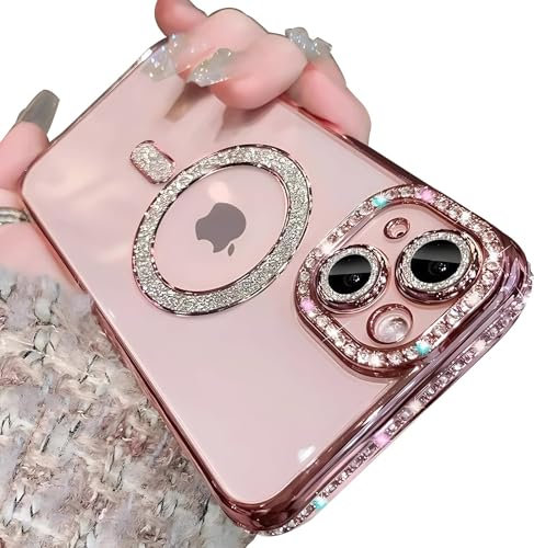 Sitthyw Custodia per iPhone 13, con brillantini magnetici, compatibile con Mag-Safe, trasparente, placcatura con diamanti e ragazze, protezione antigraffio per fotocamera, colore: rosa