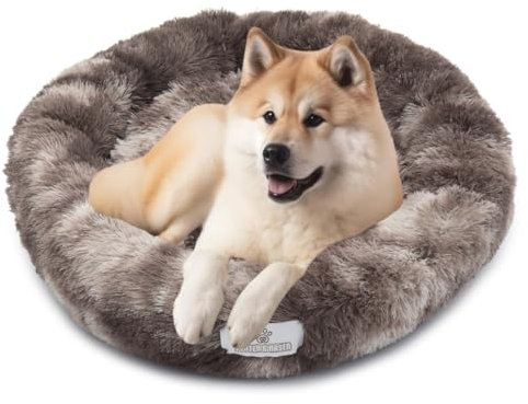 pfoten&nasen® Wolke 7 Hundebett L [Braun/Weiß, 85 cm] – Flauschiges Donut-Kissen für mittelgroße bis große Hunde – Waschbar & gemütlich mit abnehmbarem Bezug