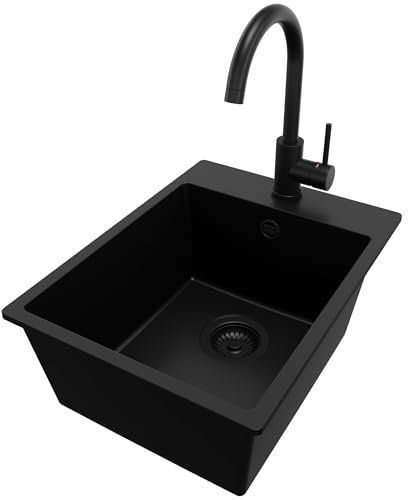 PRIMAGRAN Fregadero Granito Todo Negro 38x50cm, Cocina 1 Seno + Grifo 32x20cm + Sifón, Sobre encimera al mueble 40cm - Riga