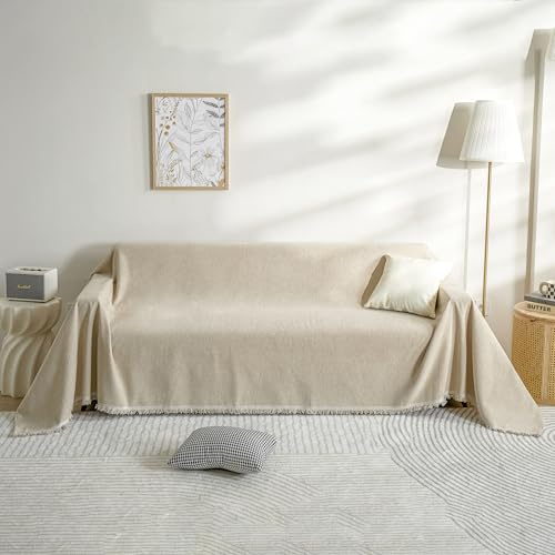 FLRISNTIG Sofa-Schonbezug Mit Fransen, Chenille Decke, Anti-Rutsch Abdeckung, Multifunktionsdecke Für Zuhause, Wohnzimmer, Büro (Beige, 230X380cm)