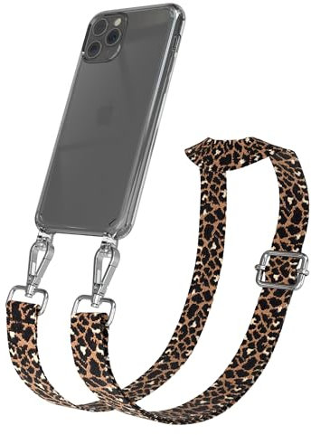 EAZY CASE Handykette - Verstellbares Taschenband kompatibel mit iPhone 11 Pro, Schulterriemen, Handykordel mit Silikon Hülle, Umhängetasche,Leo - Schwarz Braun Metall Silber