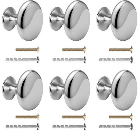 Syclishorn 6 Pack Cabinet Drawer Knobs, 1.18/30mm Round Zinc Alloy Drawer Handles, Silver Kitchen Cabinet Knob with Screws Furniture Door Handles Cupboard Pulls Polished Finish