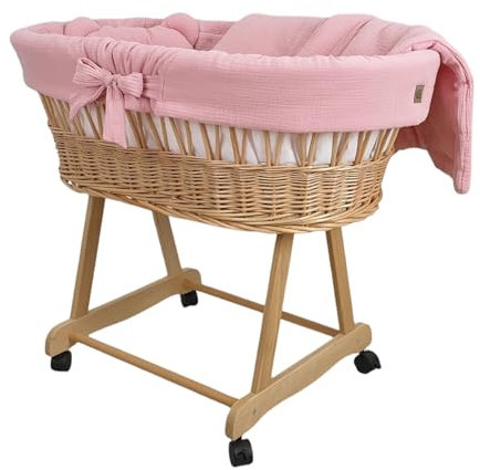 Wiklinopol Couffin Bébé Amelia en Osier avec Support et Matelas – Berceau à roulettes en Naturel – Ensemble 4 Pièces de Linge en Mousseline Rose – Portable et Idéal pour Nouveau-Né