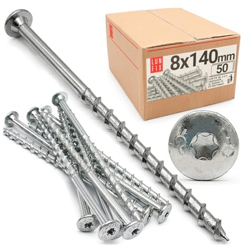 Vis béton 8x140 mm TX30 tête plate 50x, vis à bois zinguées en acier | vis de charpente professionnelles – visserie Lun Fix