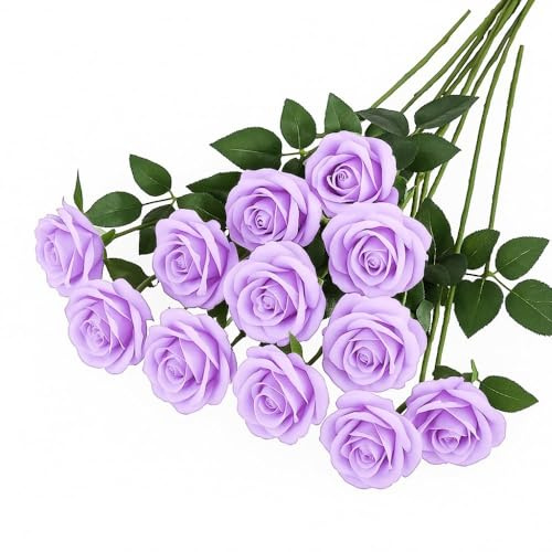 10 Pcs Artificial Roses, Purple Fake Roses Artificial Flowers, with Stems Fake Artificial Purple Roses Silk Flowers, for Home Garden Party Hotel Office Decor