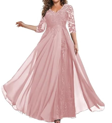 Robes de mère de la mariée à manches 3/4 pour mariage en mousseline de soie appliques en dentelle col en V longue robe de soirée formelle