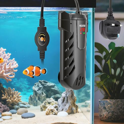 VeftBltrem 100W Aquarium Heater, Submersible Fish Tank Thermostat Heater with External Temperature Controller, Auto Dry Burn Cut Off, Digital LED Display 20–34°C for 50–70L | External inline touch thermostat, adjust 20–34°C out of tank without wet hands