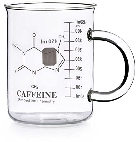 Koffein-Becher-Becher, Koffein-Molekül-Tasse – Chemie-Tasse, 473 ml, Borosilikatglas, Kaffeetassen mit Griff und Messung für Kaffee, Latte, Tee oder heiße und kalte Getränke – Tee-Kaffeetasse