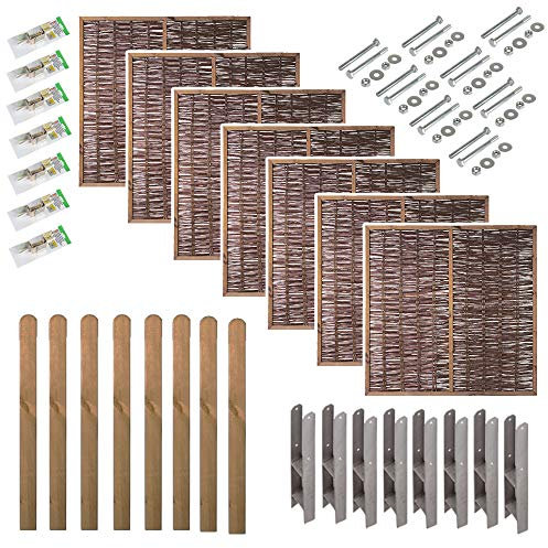 Sichtschutz Weide Premium | Komplettset mit Montagematerial & 7 Stk. Sichtschutz-Zaun 180x180 cm & 8 Pfosten (braun) 9x9x190 cm | ca. 13,3 lfdm. | Weidenzaun | Gartenzaun | Zaunelement | Zaunfeld