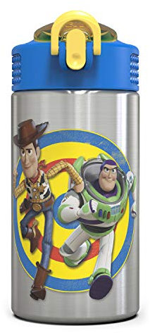 Zak Designs Toy Story 4 - Stainless Steel Water Bottle with One Hand Operation Action Lid and Built-in Carrying Loop, Water Bottle with Straw is Perfect for Kids (Buzz & Woody, 15.5 oz,18/8,BPA Free)