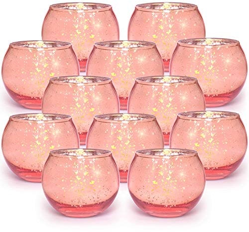Volens Round Rose Gold Votive Candle Holders, Mercury Glass Tealight Candle Holder Set of 12