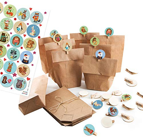 Logbuch-Verlag 1-24 kleine Adventskalender Beutel zum Befüllen SET: Papiertüten + Aufkleber + KLAMMERN – Tiere Weihnachten Kinder