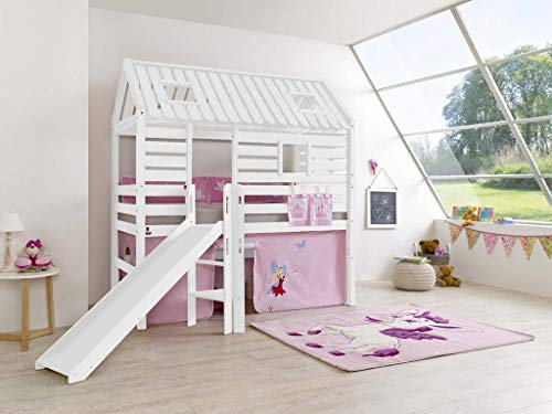 Froschkönig24 Hochbett Tom´s Hütte 1 Kinderbett mit Rutsche Spielbett Bett Weiß Prinzessin