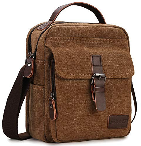 RAVUO Bolsos Hombre Bandolera, Resistente al Agua Bolso Bandolera Pequeña Bolsa Mensajero de Lona Bolso Mano con Bolsillos y Cremallera Messenger Bag,Café