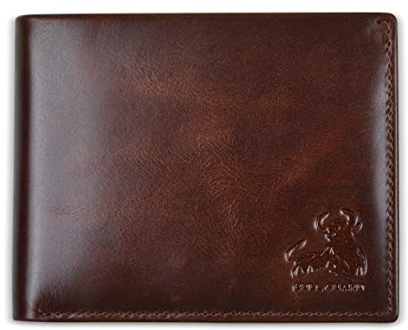 BULL GUARD Cartera triple de piel auténtica RFID para hombre, ventana de identificación, bolsillo secreto, Bolsillo para monedas, marrón bosque, Moderno