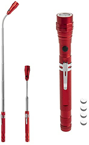 HIBRON Linterna LED Telescópica Flexible con Imán, Cuello de Cisne, Metal Macizo, Incluye pilas de botón LR44, Extensible hasta 57 cm, fuerza de tracción magnética 3,2 kg