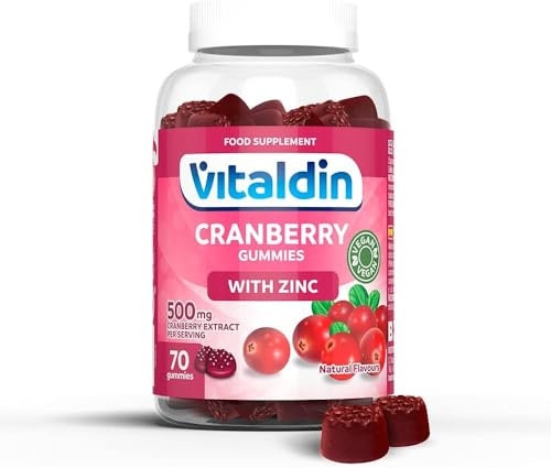 VITALDIN Cranberry Gummies – Integratore di 500 mg di estratto di Mirtillo Rosso + Zinco – 70 Caramelle Gommose, Gusto Mirtilli Rossi – Aiuto delle Vie Urinarie – Vegano