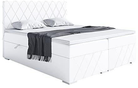 MEBLINI Boxspringbett mit Bettkasten - Gepolstert Doppelbett mit Matratze und Topper - Polsterbett mit Stauraum - Bett mit Kopfteil - Stauraumbett - ROYAL - 180x200 - H3/Weiß Kunstleder