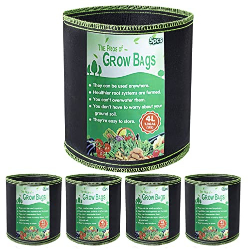 Growerz 5 Pack 4 Litre Grow Bags Heavy Duty Non Woven Fabric Pots Garden Plant Growing Bags For Planting Vegetables Potato Tomato carrot.…