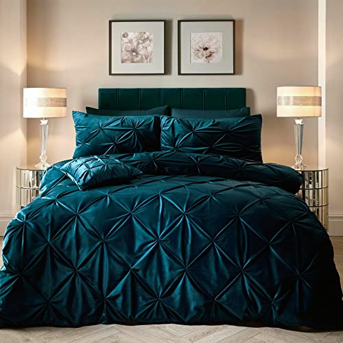 Soiree - Teal Velvet Diamond Pintuck Duvet Cover - King Size (230 x 220cm) - Soft & Cosy Velvet Bedding - 2x Pillowcases Included - Pinch Pleat Duvet Cover
