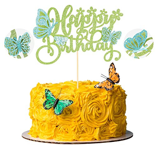 Gyufise 1Pcs Assembled 3D Butterfly Cupcake Toppers Hollow Arts Butterfly Cake Decorations Happy Birthday Cake Topper for Baby Shower Wedding Fairy Happy Birthday Party Cake Decorations Blue Green