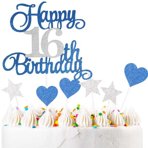 ZHIHUI Tortendeko 16 Geburtstag Blau&Silber Junge Mädchen, 7Stück 16.Kuchendeko Geburtstag, Happy 16 Birthday Deko Torte Kuchen Deko Cake Topper für 16 Geburstagstorte Deko Jungen Mädchen Mann Frau