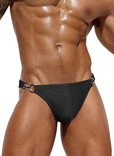 SEAUR Slip da bagno da uomo, slip da bagno, aderenti, corti, con fibbie in metallo, sexy, alla moda, estivi, spiaggia, piscina, S, M, L, XL, Due fibbie in metallo (nero), L