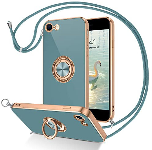 DUEDUE für iPhone SE Hülle mit Band 2020/2022, Handykette iPhone 8 Handyhülle mit Band 360 Grad Ring Stoßfeste iPhone 7 hülle mit Ring Soft Silikon TPU für iPhone 7/8/SE 2020/2022 Mit Ring Grau