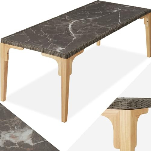 tectake® Alu Rattan Tisch, Esstisch für Outdoor Küche, Terrasse, Wohnzimmer mit Tischplatte in Marmor Optik, Gartentisch, Balkontisch 196 x 87 x 76 cm, 2 abnehmbare Platten, wetterfest - Natur