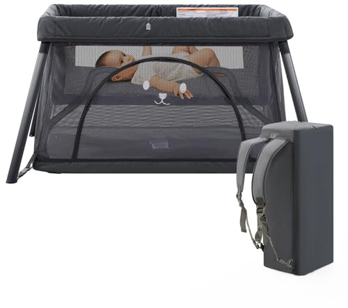 Sporary Travel Crib, Portable Crib for Baby, Pack and Play for Babies and Toddler, Lightweight Backpack Design,Foldable Travel Baby Playpen with Mattress(Dark Grey)