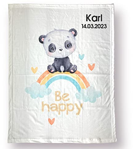 Wolimbo Soft-Peach Babydecke mit Namen personalisiert - Motiv Be Happy - Besticktes Geschenk für Mädchen und Junge 75x100cm