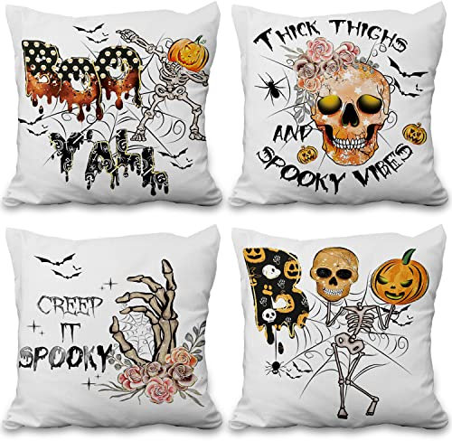 Aoihrraan Halloween Kissenbezug 51x51cm 4er Set Schleichen Gespenstisch Kürbis Boo Blume Zierkissenbezug Quadratische Couchkissen Dekokissen Wohnkultur Für Wohnzimmer Draussen Garten Sofa Kissen Bezug