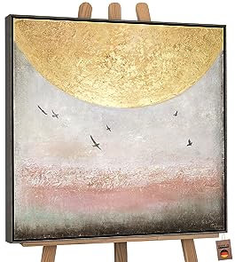 YS-Art XXL Abstrakt Acryl Gemälde auf Leinwand Sonnenenergie II handgemalt Wandbilder Wohnzimmer modernes Design Bilder Gold Braun Vögel echte Kunst mit Rahmen 100x100 cm