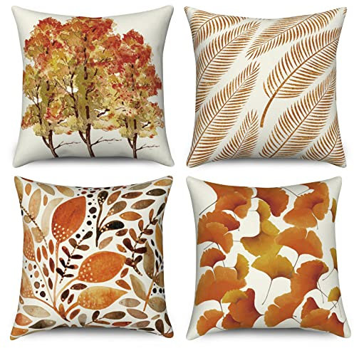 ASDCXZ Herbst Kissenbezug 40x40 cm 4er Set, Golden Blume Blätter Ahorn Sofa Dekokissen Kissenbezüge Kissenhülle Waschbar Polyester Flachs Textil Outdoor Kopfkissenbezug Kissen Bezug