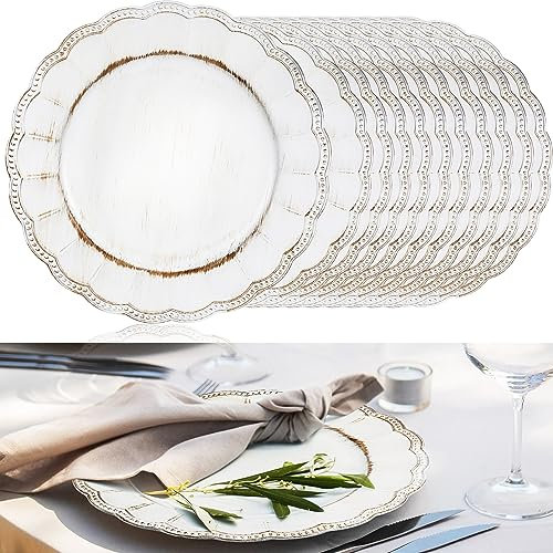 Dandat 18 Stück antike Platzteller 33 cm Retro Abendessen runder Perlenrand schwerer, geprägter Kunststoff Einwegteller für Hochzeit, Party, Brautparty, Jahrestag, Erstkommunion, Geburtstag (weiß)