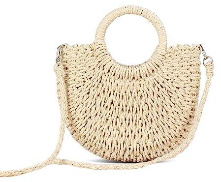 NICOLE & DORIS Sac à Main en Paille Femme avec Bandoulière - Rond en Rotin, D'épaule Tissé pour Voyage Vacances - Beige