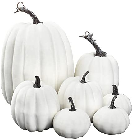 Fulenyi Kürbis Herbst Deko Dekoration Draußen, 7 Stück Weiß Kürbisse Zierkürbisse Herbstdeko Herbstdekorationen Halloween