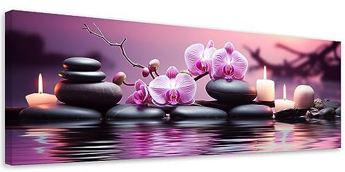 Feeby Bild Auf Leinwand Steine Orchidee Kerzen 100x40 cm 1 tlg Modern Leinwandbilder Bild auf Leinwand Kunstdruck Wand Bild Wanddeko Design Schlafzimmer Büro Flur Hotel Spa Wohnzimmer Zen Spa Violett