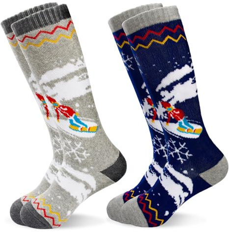 GRPSKCOS Jungen Skisocken, 2 Paar warme dicke Schneesocken für Kinder Mädchen Kleinkind Winter Skifahren Snowboarden(01 Marineblau + Grau- 2 Paare,3-6 Jahre)