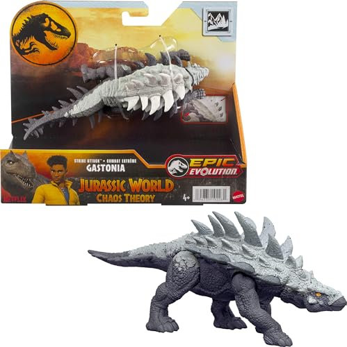 Mattel Jurassic World Strike Attack Dinosaurier Spielzeug mit Single-Strike Action & beweglichen Gelenken, Gastonia Actionfigur inklusive digitalem Spiel