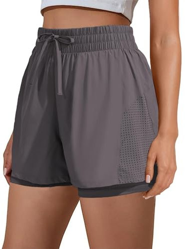 PINSPARK Damen Sporthose Kurze Laufhose High Waist Sport Shorts Atmungsaktiv Fitness Runningshorts mit Handytaschen Gym Sportshorts 2 in 1 Radlerhose Dunkelgrau L