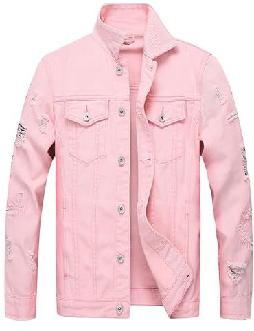 ZDJSWJ Veste jean slim à fourche pour homme Casual Breaking Hole trucker veste en denim Manteau denim boutonné avant classique (Couleur Rose,L)