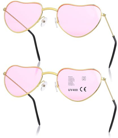 KarneLux Herz Sonnenbrille 2er Set - Rosa Brille in Herz-Form als Retro Zubehör für Hippie Kostüm - Ideales Outfit Accessoire für Partys, Festival, Mallorca